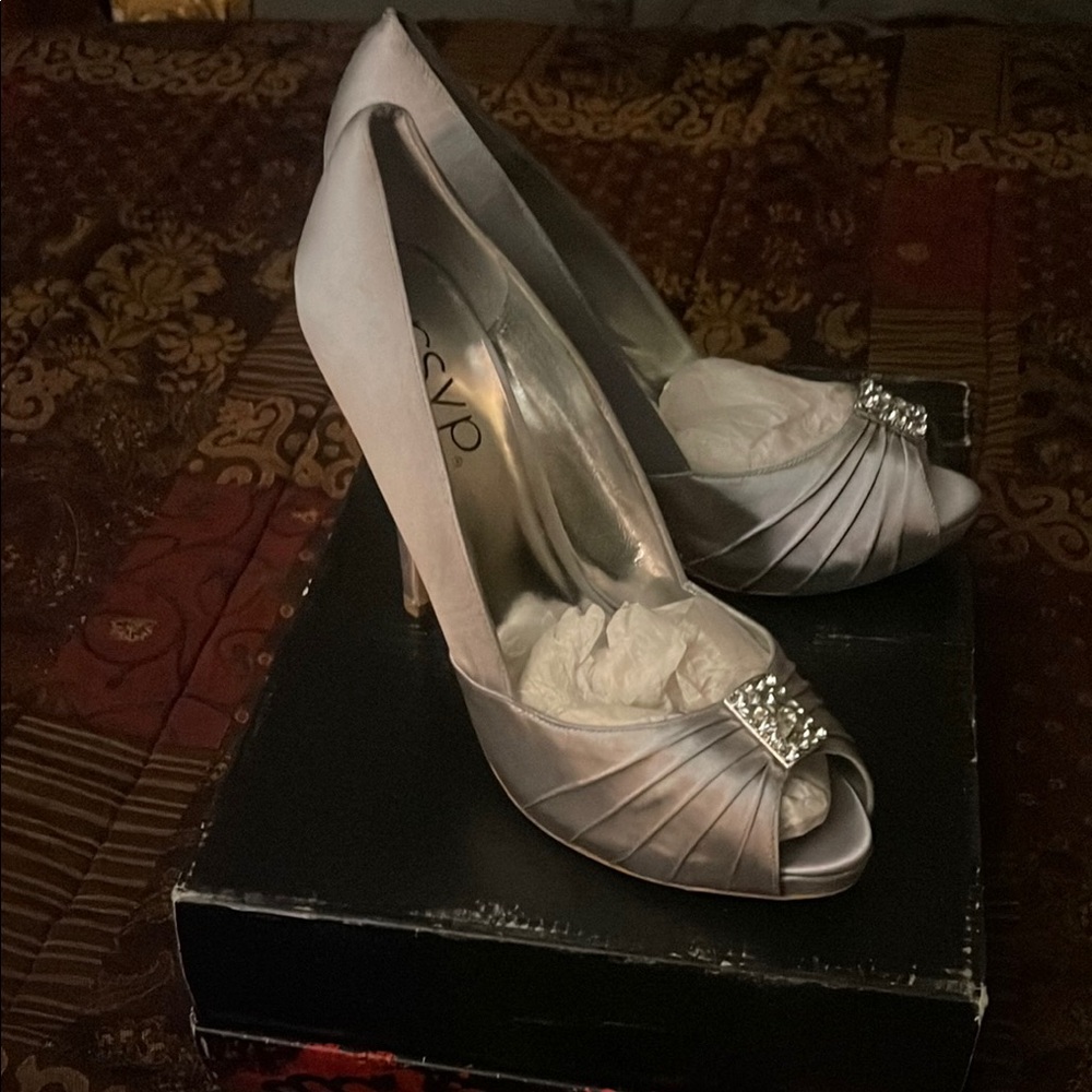 RSVP Silver Embellished Peep-Toe Heels
